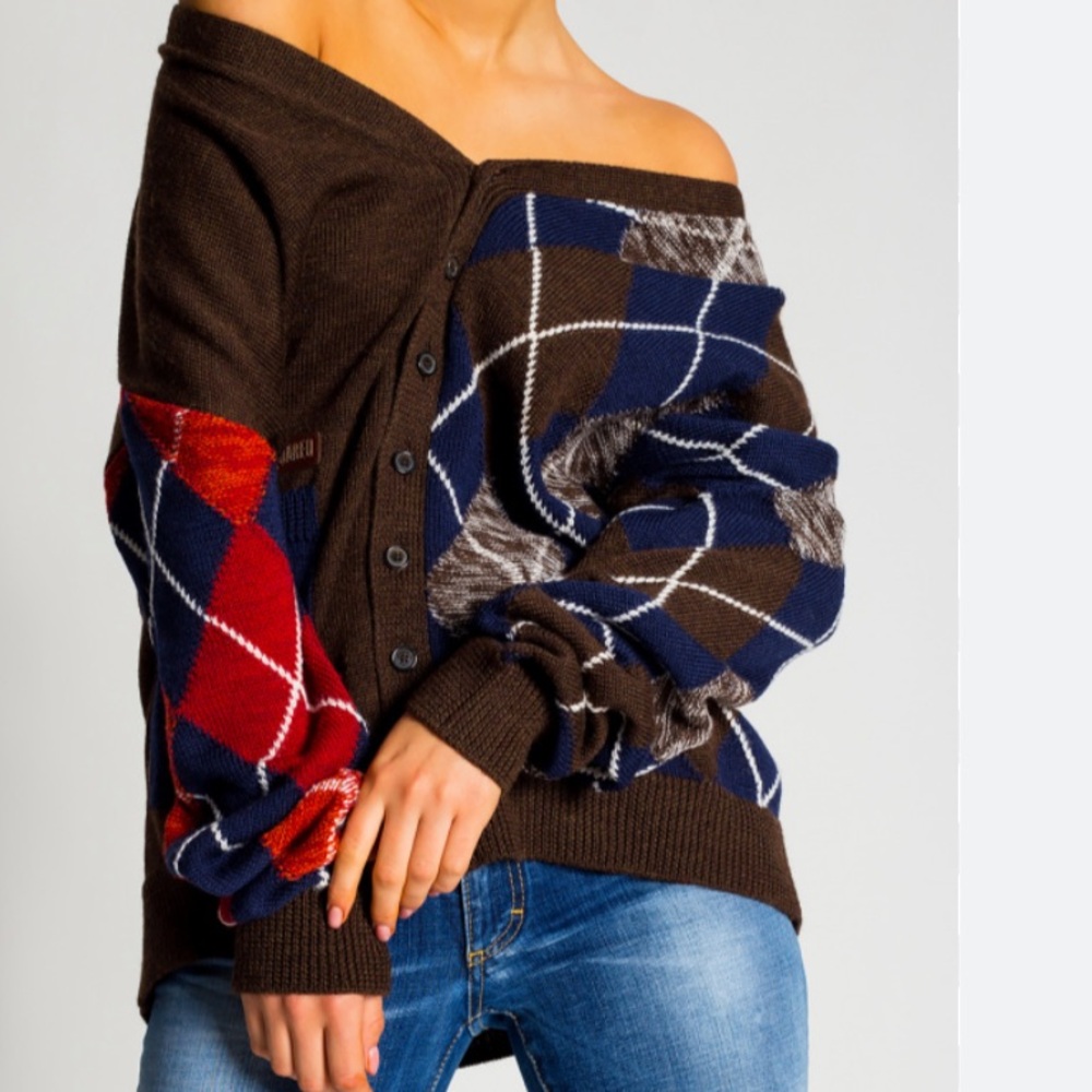 NEW DSQUARED2 Argyle Wool Brown Oversized Patchwork Cardigan Sweater Unisex RARE - Picture 3 of 9